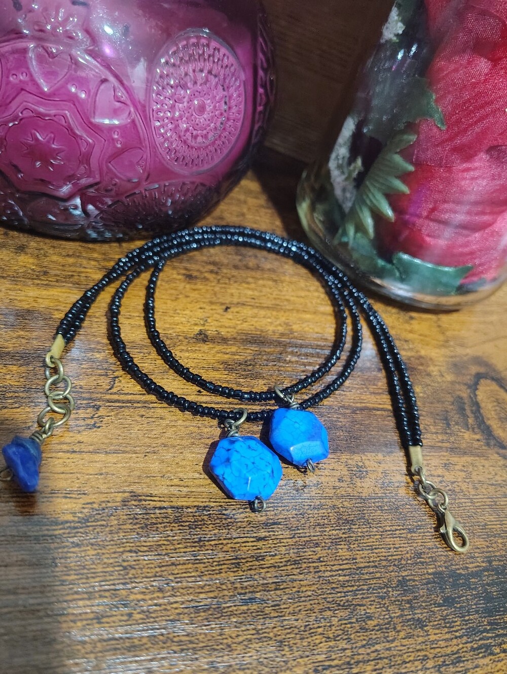 Handmade Black Beaded Necklace with Bright Blue Gemstone Pendant,  Ladies